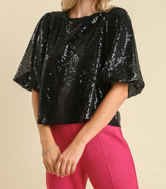 Black Sequin Short Puff Sleeve Top