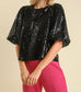 Black Sequin Short Puff Sleeve Top