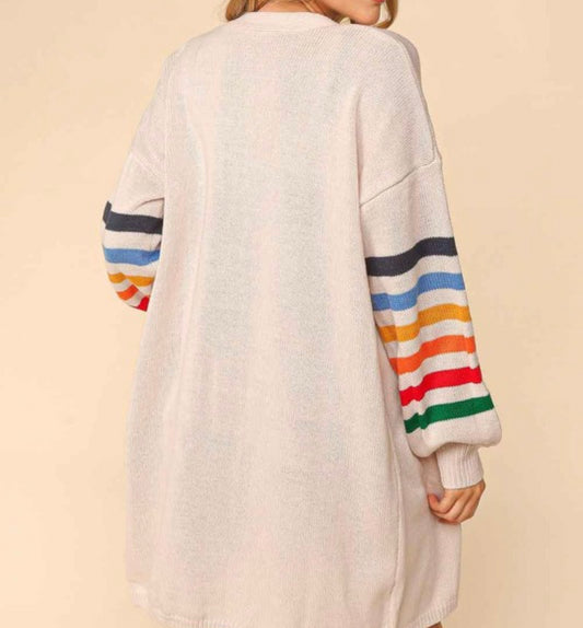 Striped Bubble Sleeve Long Cardigan