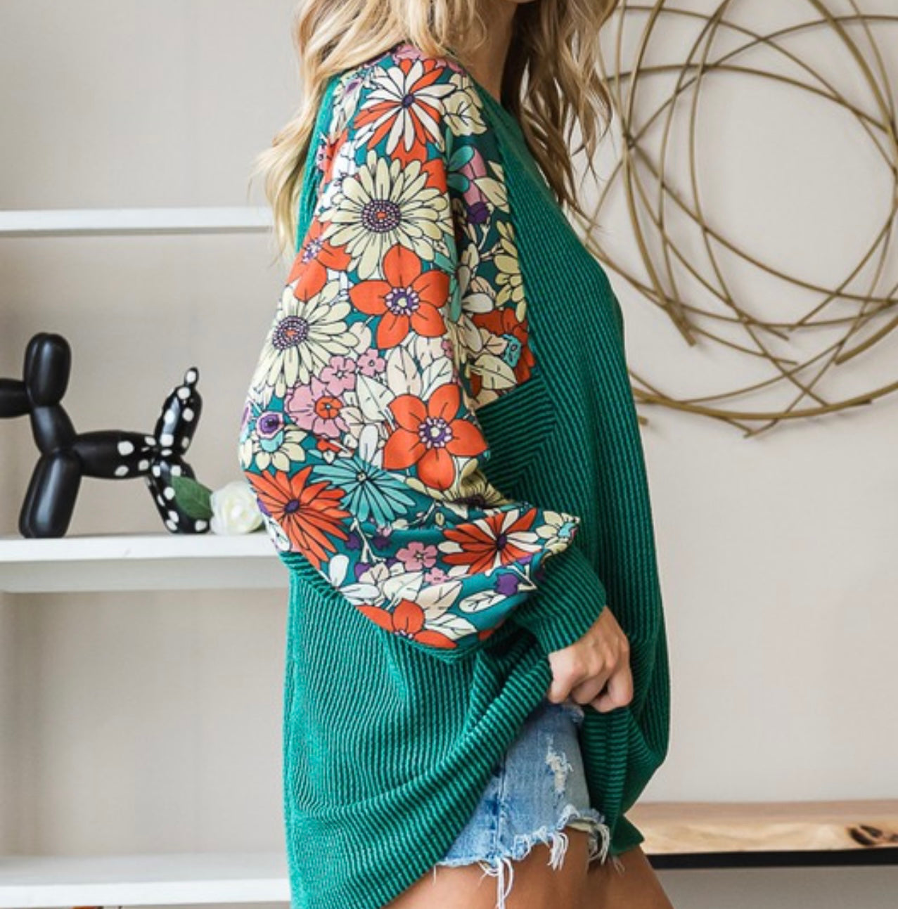 Green Floral Contrast Pullover