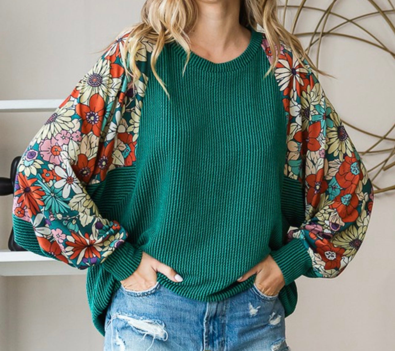 Green Floral Contrast Pullover