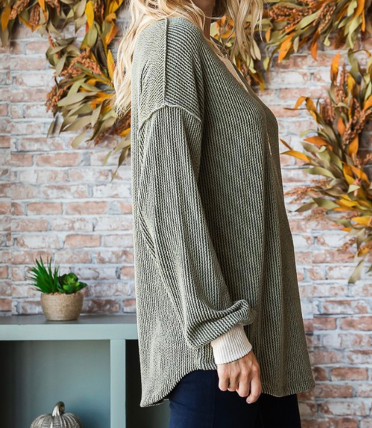 Ribbed Button Front Long Sleeve Top