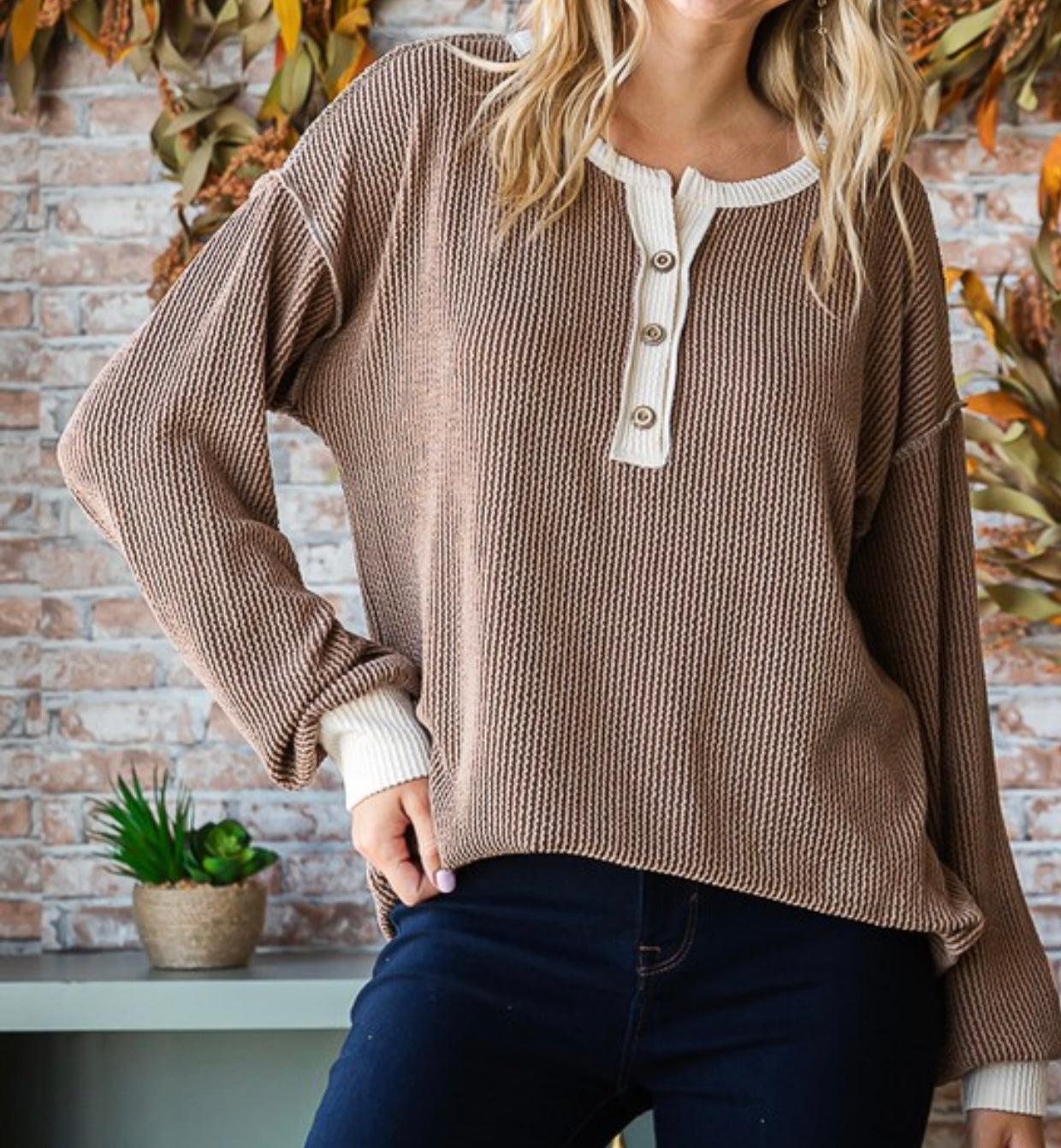 Ribbed Button Front Long Sleeve Top