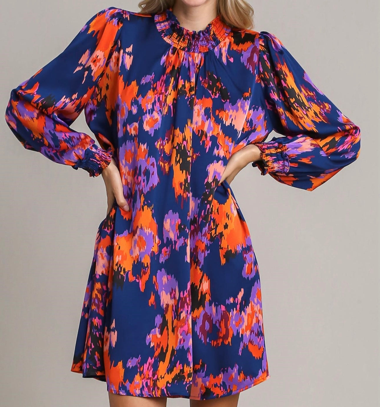 Sapphire Floral Printed Satin Dress with Elastic Ruffle Neckline