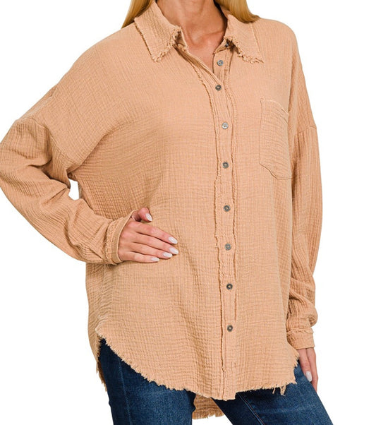 Oversized Gauze Raw Edge Button Down Top