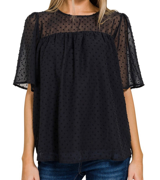 Black Swiss Dot Flutter Sleeve Top