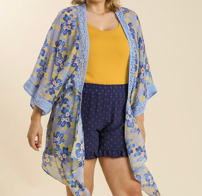 Plus Sheer Floral Crochet Detail Kimono