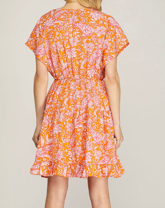 Tangerine Floral Print V-Neck Woven Dress