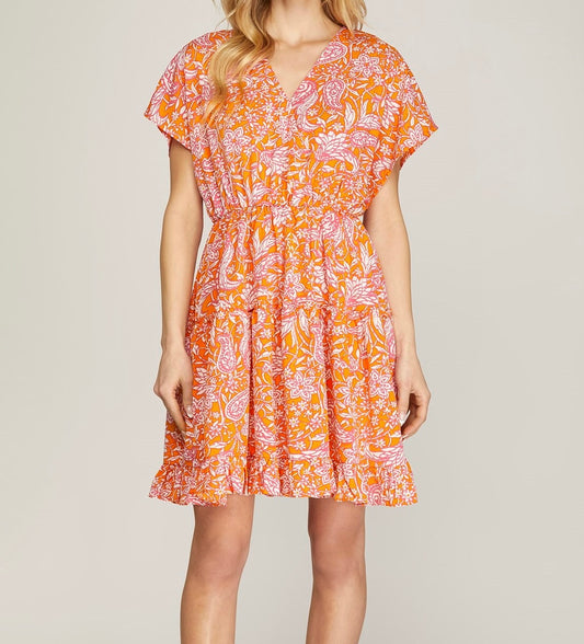 Tangerine Floral Print V-Neck Woven Dress