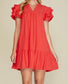 Tomato Red Ruffle Sleeve Textured V-Neck Dress