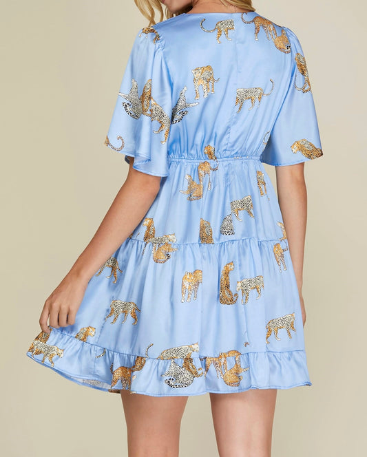 Flutter Sleeve Jaguar Print Satin Dress