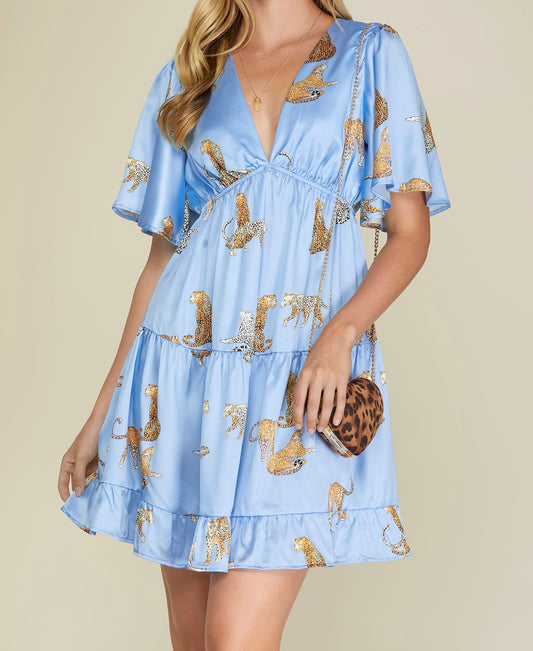 Flutter Sleeve Jaguar Print Satin Dress