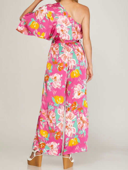 One Shoulder Silky Floral Print Jumpsuit