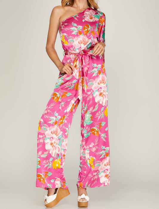 One Shoulder Silky Floral Print Jumpsuit