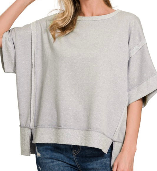 Contrast Trim Top Stitch Drop Shoulder Top