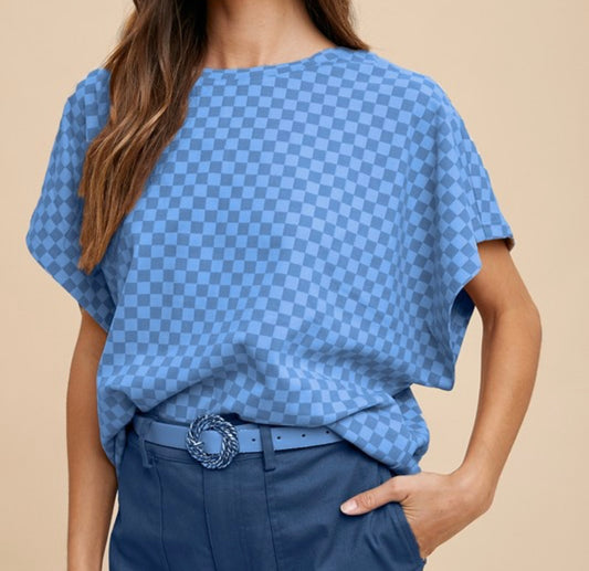 Dusty Blue Checkered Dolman Sleeve Top