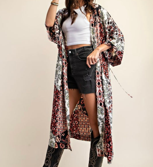 Black Mixed Print Kimono