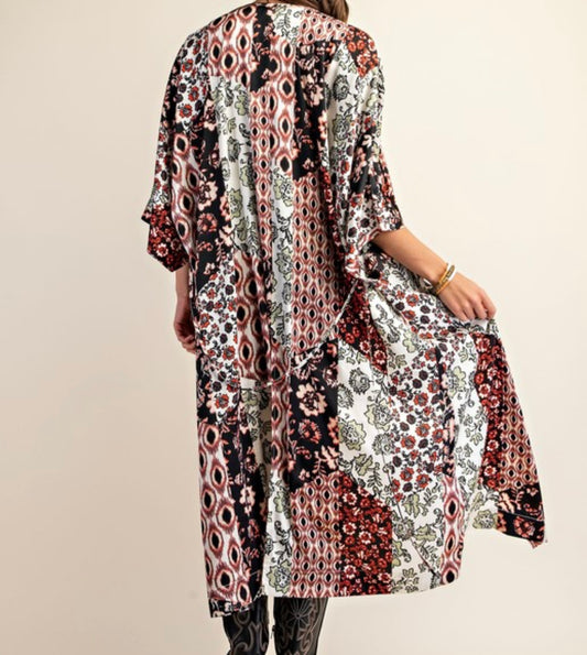 Black Mixed Print Kimono