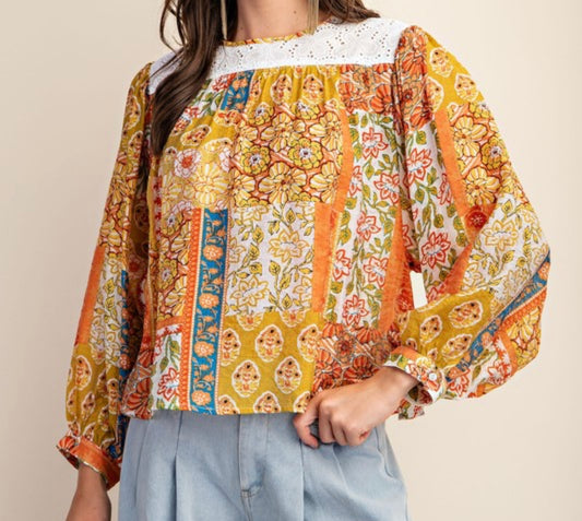 Mixed Print Long Sleeve Top