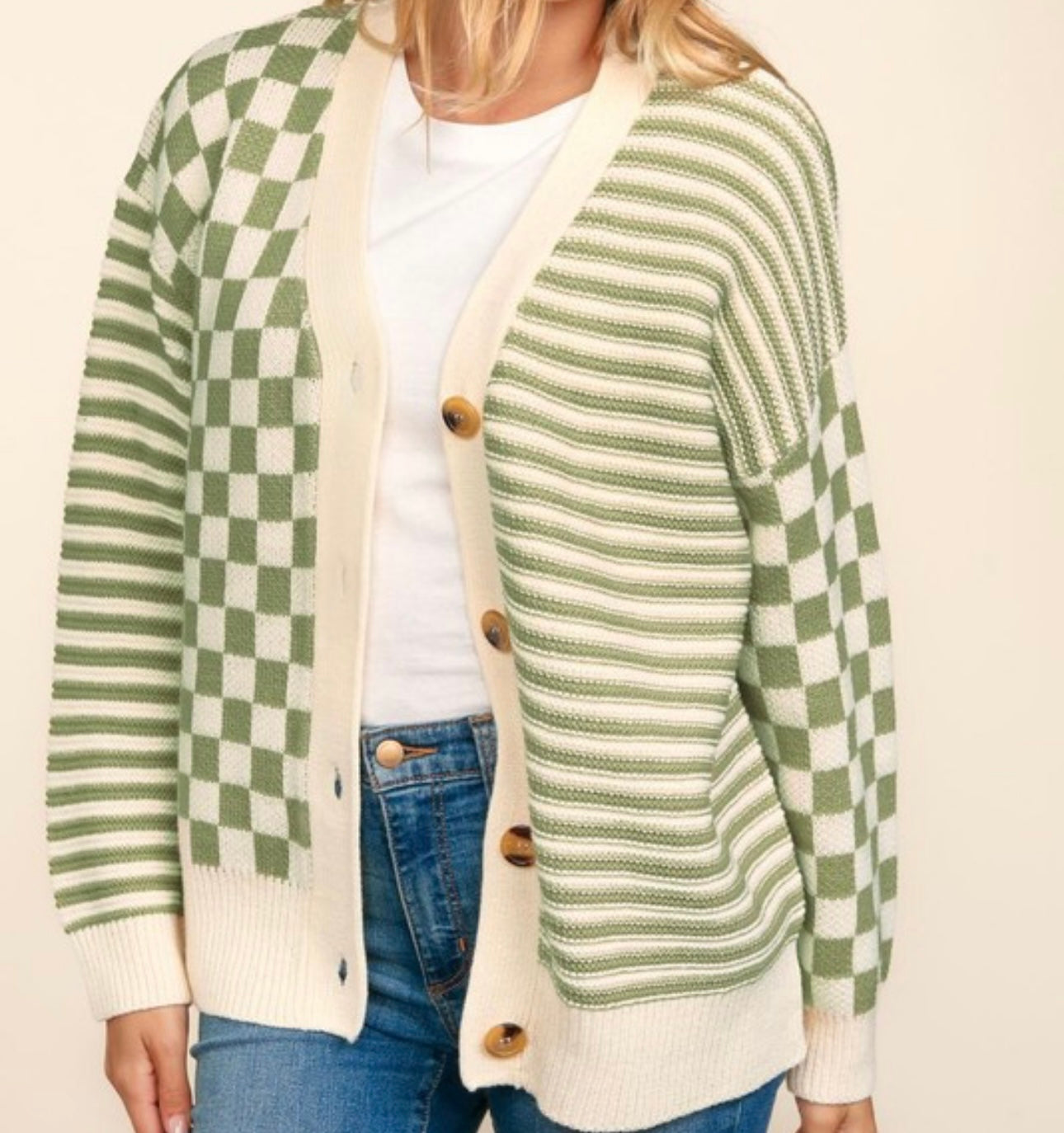 Sage Button Down Checkered Cardigan