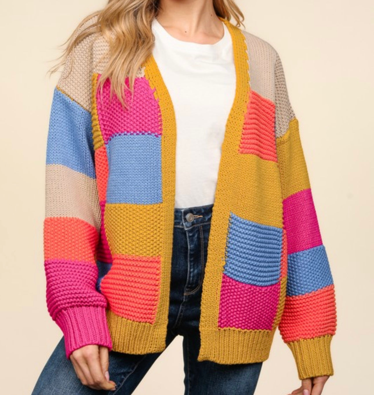 Multicolor Patchwork Open Knit Cardigan