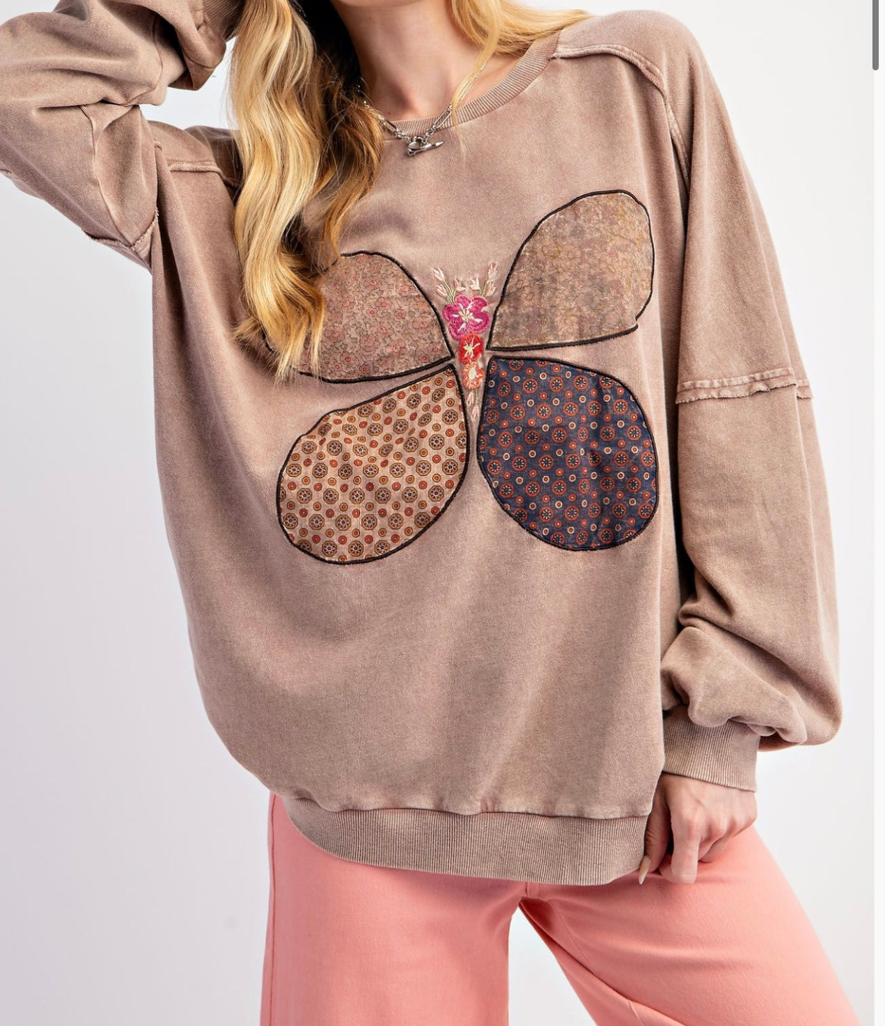 Butterfly Patch Washed Terry Knit Pullover