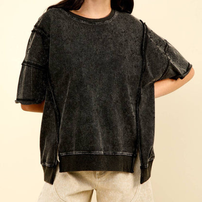 Round Neck Oversized Washed Casual Knit Top