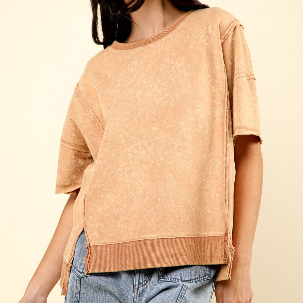 Round Neck Oversized Washed Casual Knit Top