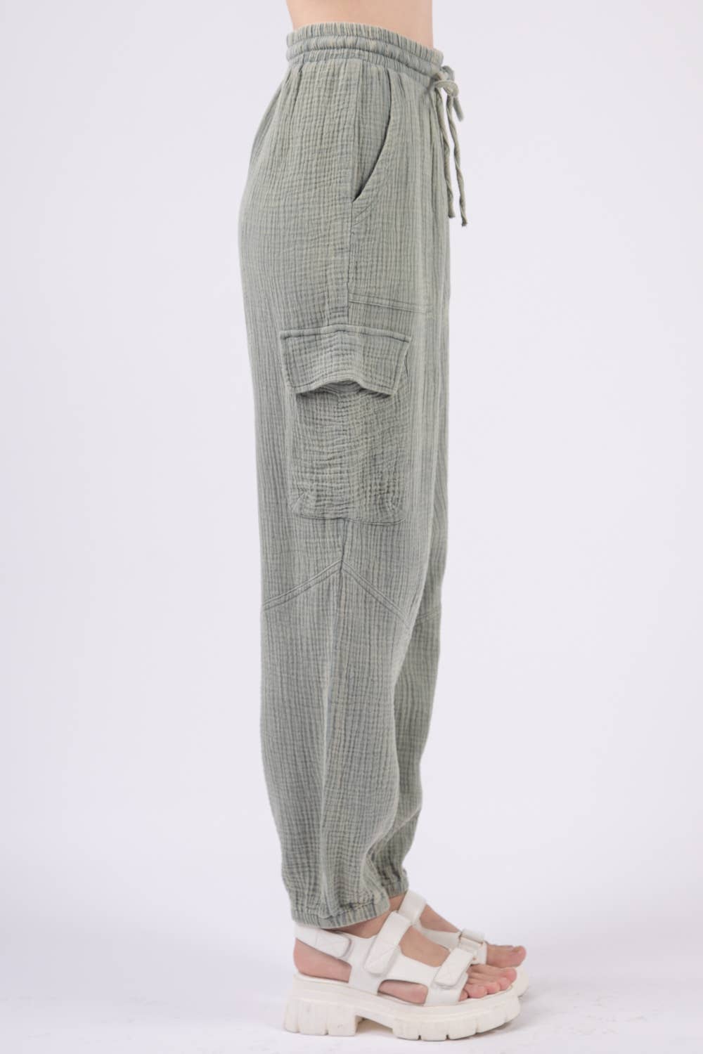 Washed Woven Crinkle Gauze Cargo Pants